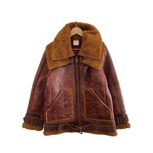 Free People Maverick Distressed Moto Leather Shearling Coat - S - Brown
